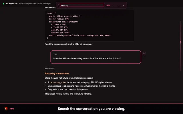 Tvara's in-chat search finding the word “recurring” in a long AI conversation, on match 1 of 251, with the matching message outlined