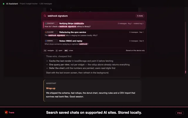 Total Recall search for “webhook signature” returning three saved chats, from ChatGPT, Claude and Gemini, stored on this device only