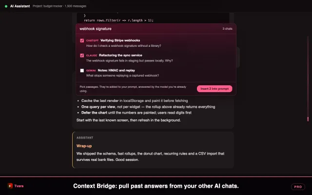 Context Bridge listing passages from earlier ChatGPT, Claude and Gemini chats, with two ticked to insert into the prompt being written